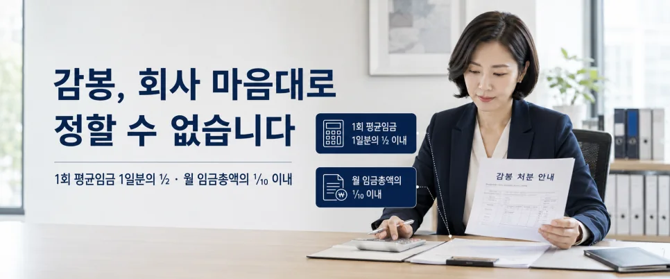 감봉은 1회 평균임금 1일분의 2분의 1, 1임금지급기 임금총액의 10분의 1을 넘을 수 없다는 설명